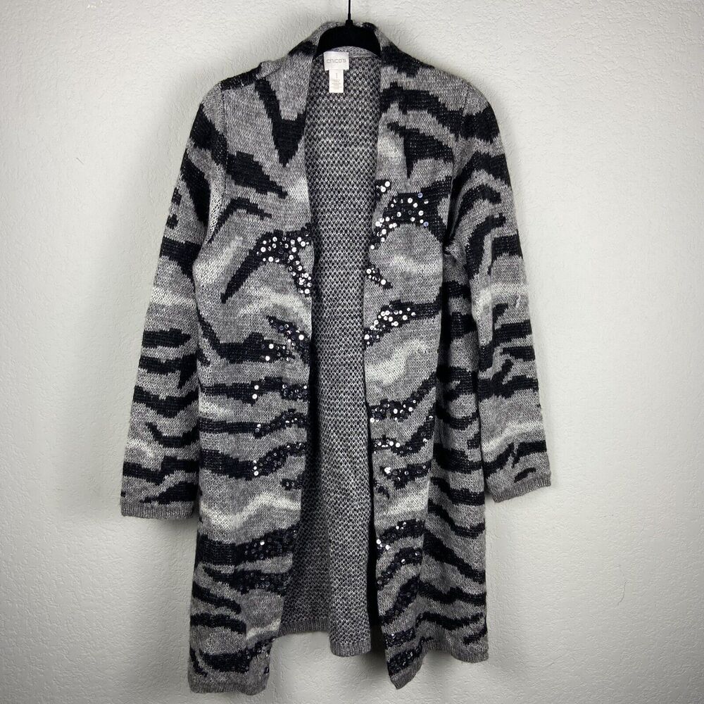 Chico's Jovi Zebra Print Sequin Long Cardigan Wool Mohair Blend Medium 8-10